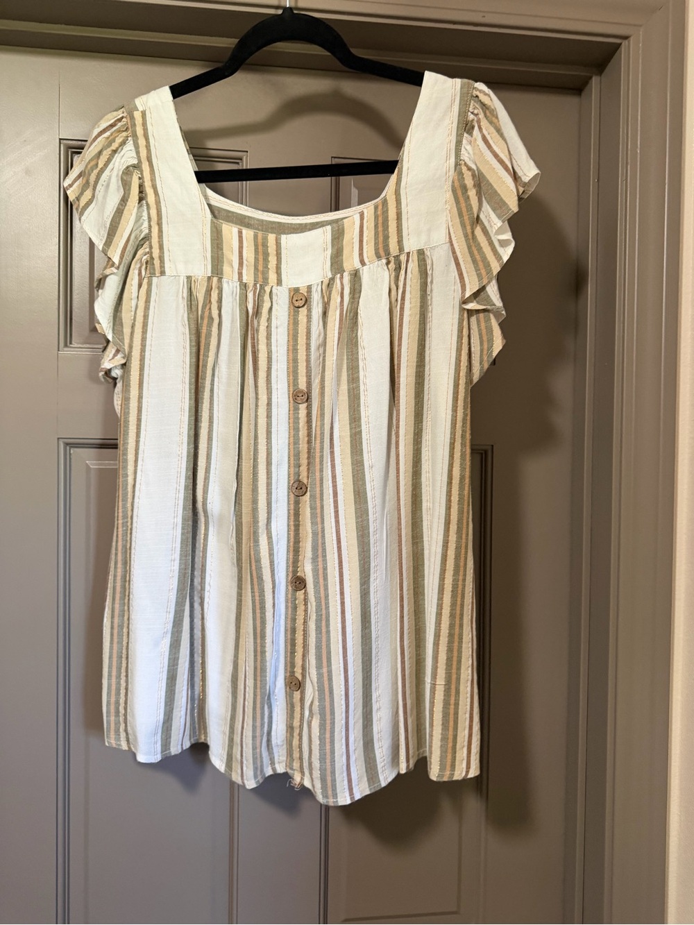 Square Neck Striped Flutter-Sleeve Blouse in Cream and Tan 2x